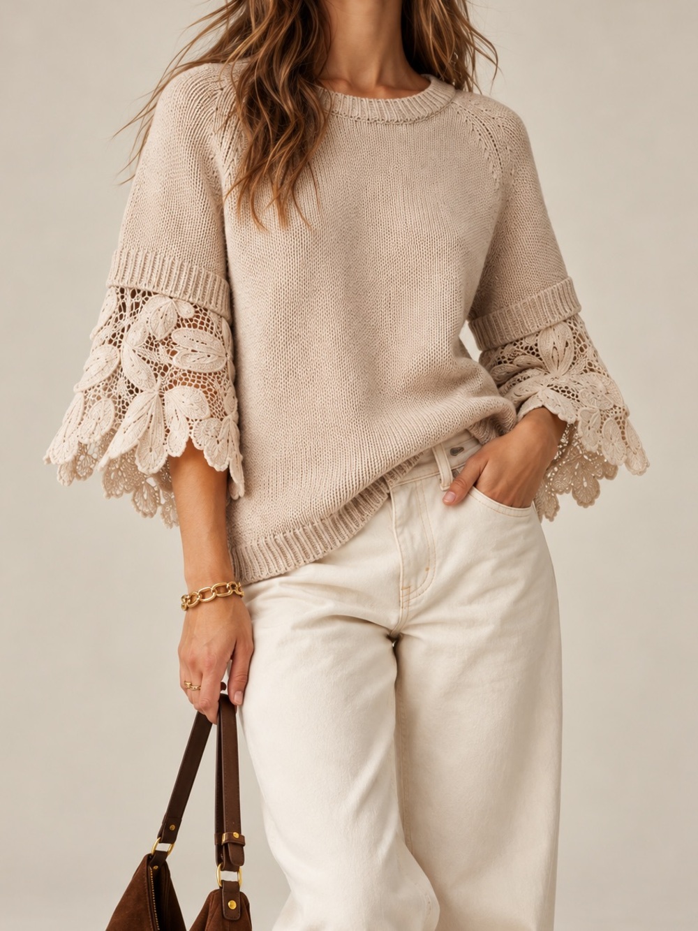 See by Chloé Cream Floral Lace Sleeve Cotton Knit Sweater Medium